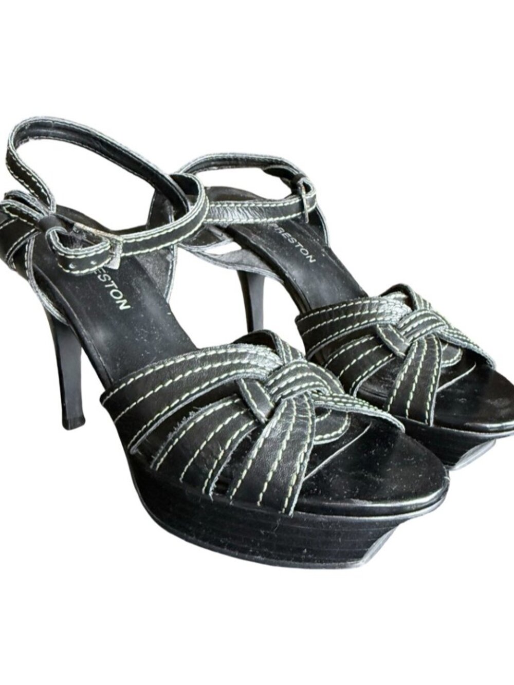 Kate Preston Jerrel Black Leather Contrast Stitch Platform Sandals - Size 5.5M